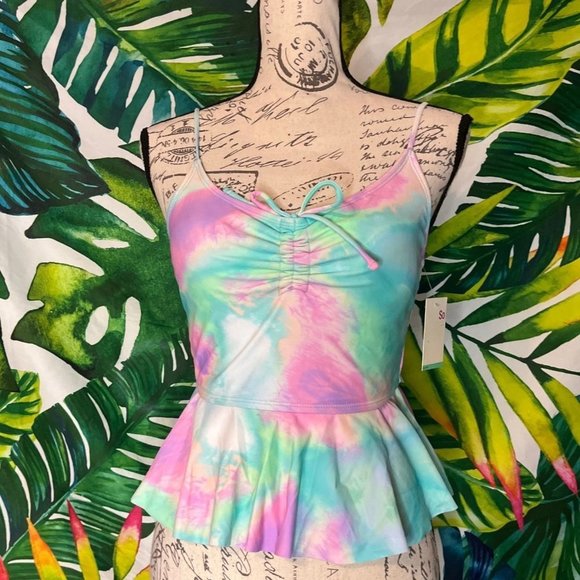 NWT SO Juniors Medium Aqua Purple Pink Mermaid Color Ruffle Tankini Swim Top - Picture 2 of 6